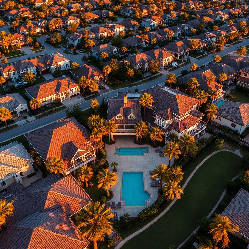 Vista aérea de un barrio residencial premium en Orlando, Florida, con casas modernas, piscinas y palmeras al atardecer
