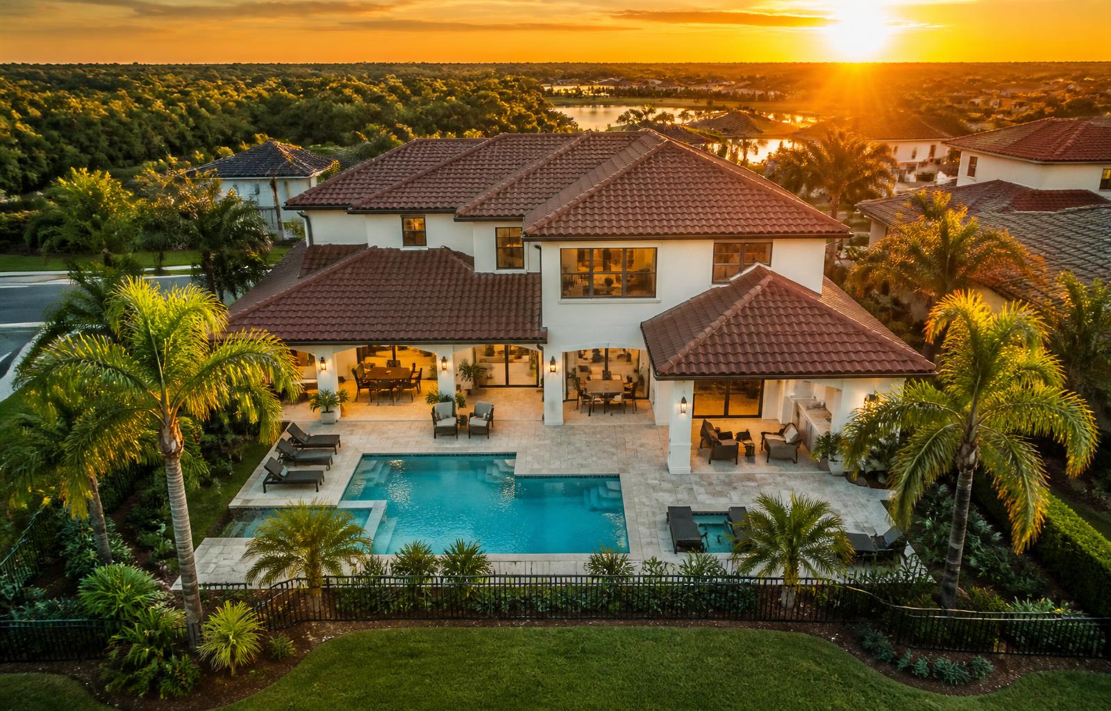 Aerial view of a luxury vacation home with pool near Disney at golden hour