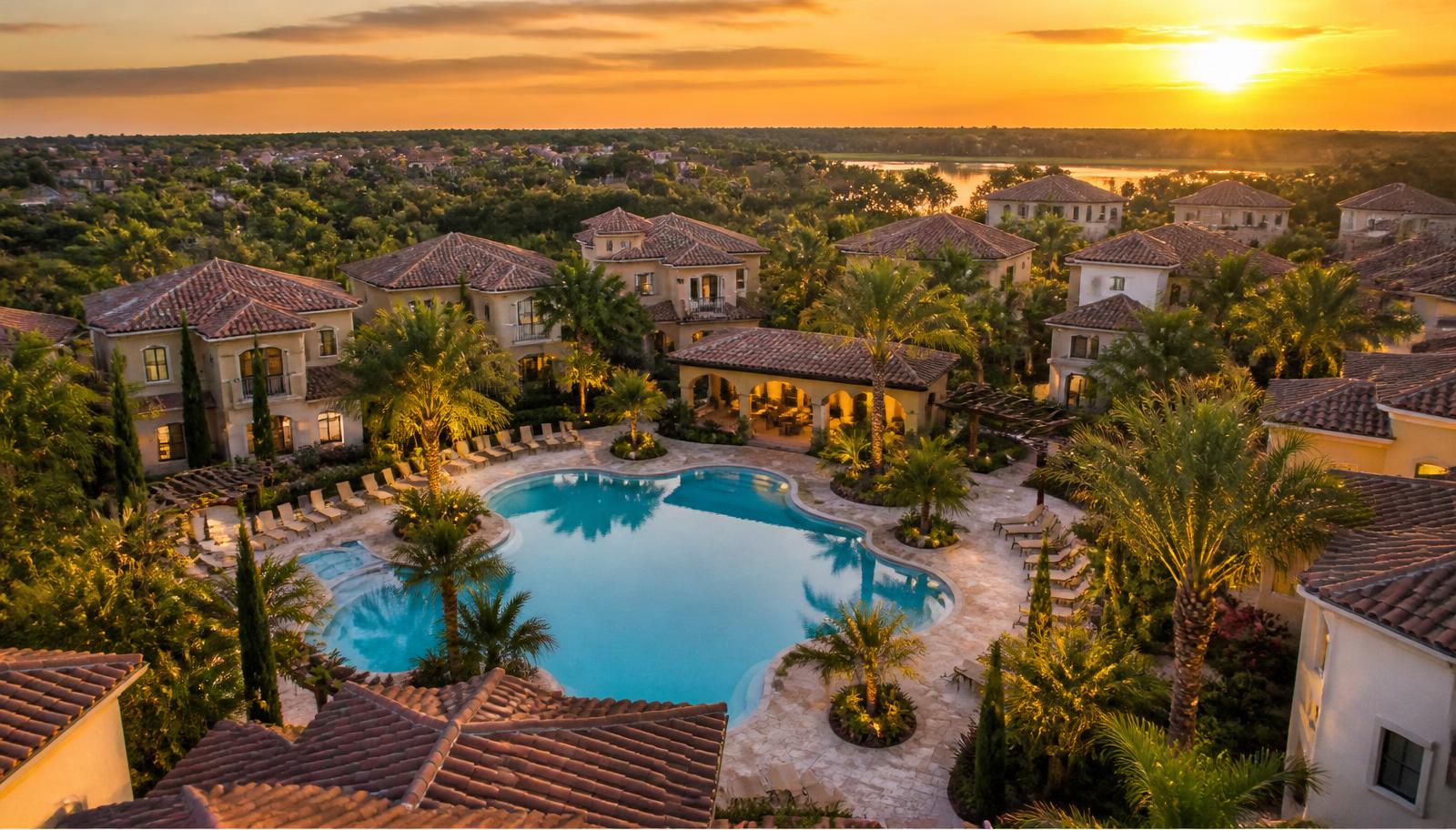 Vista aérea de uma comunidade de resort em Orlando ao entardecer dourado